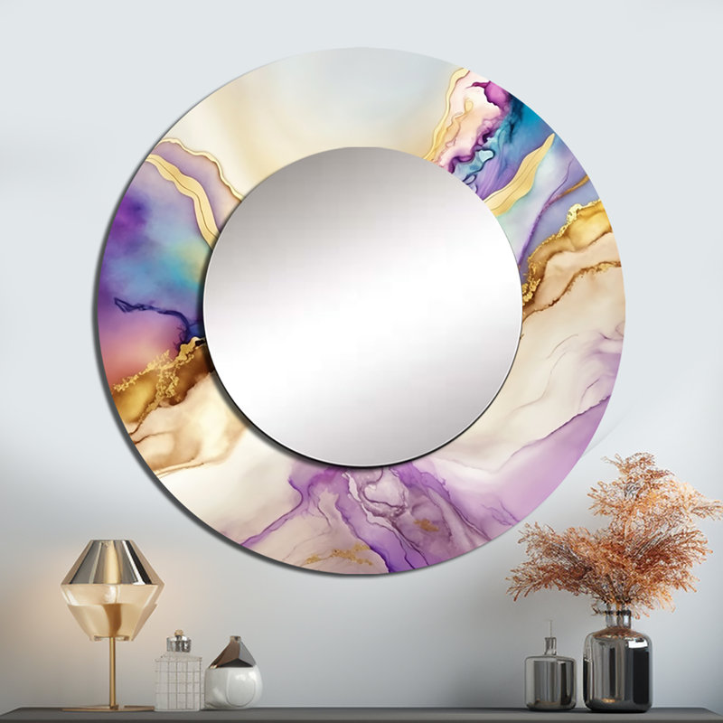 Liquide univers avec une touche d'or V - miroir décoratif à encre liquide, miroir mural rond moderne, art imprimé en métal