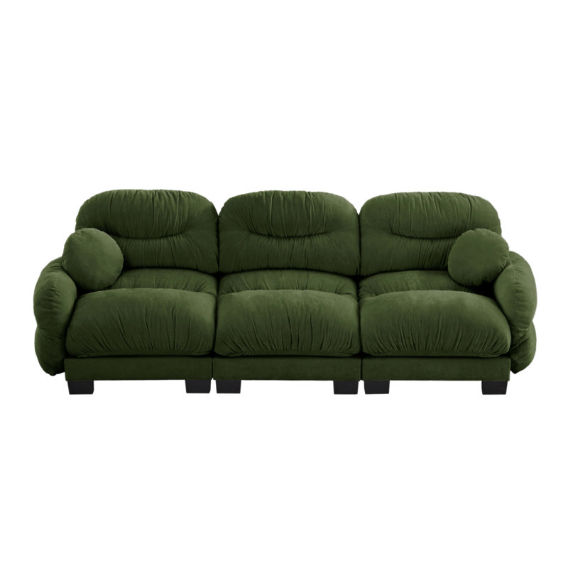 Canapé modulaire confortable en chenille plissé 3 places avec siège ergonomique en mousse haute densité, accoudoirs arrondis arrondis et 2 coussins décoratifs ronds