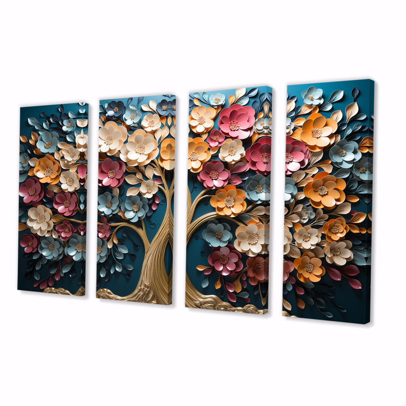 Orchidée dorée colorée, jardin de branches V - arbre, art mural sur toile 4 pièces, H 28 po x l 48 po