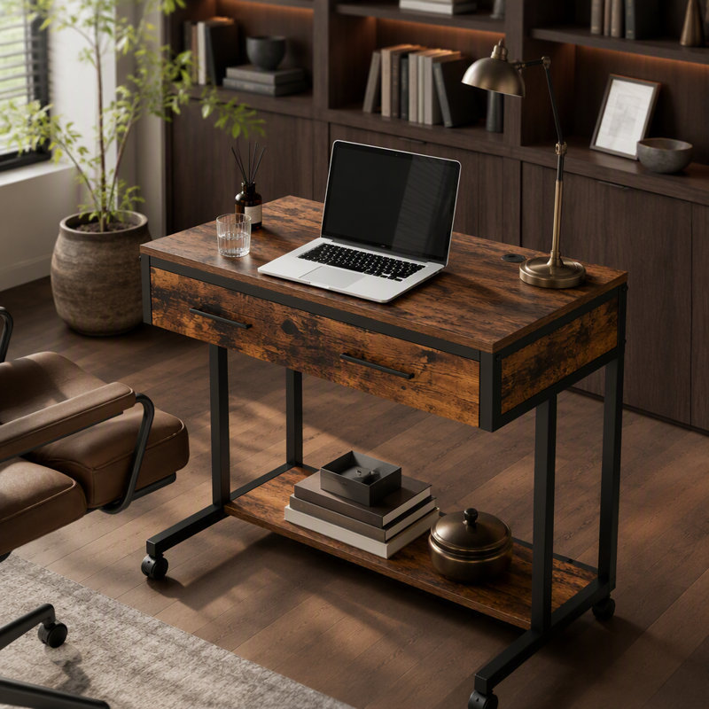 Table de bureau, bureau compact avec roues, bureau d'écriture à hauteur réglable, table basse mobile
