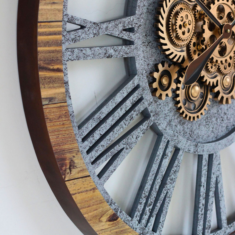 Oversized Brown and Gray Wood Industrial Wall Clock with Moving Gears