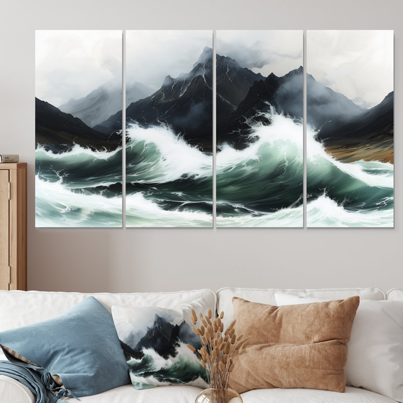 «Stormy Seas Mountain Landscape I», ensemble d'art mural sur toile, H 32 po x l 64 po