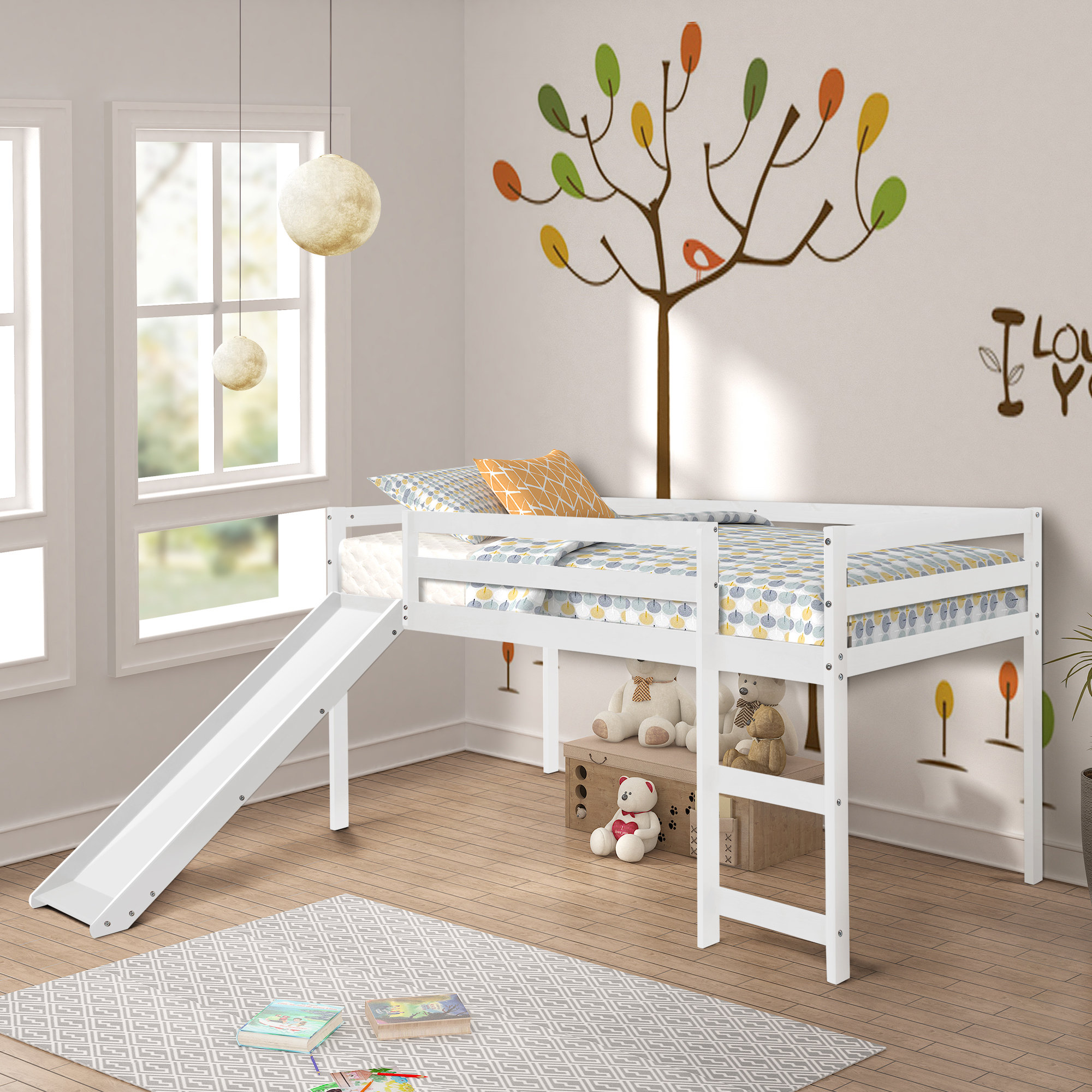 Allain Twin Solid Wood Loft Bed by Harper&Bright Designs, White