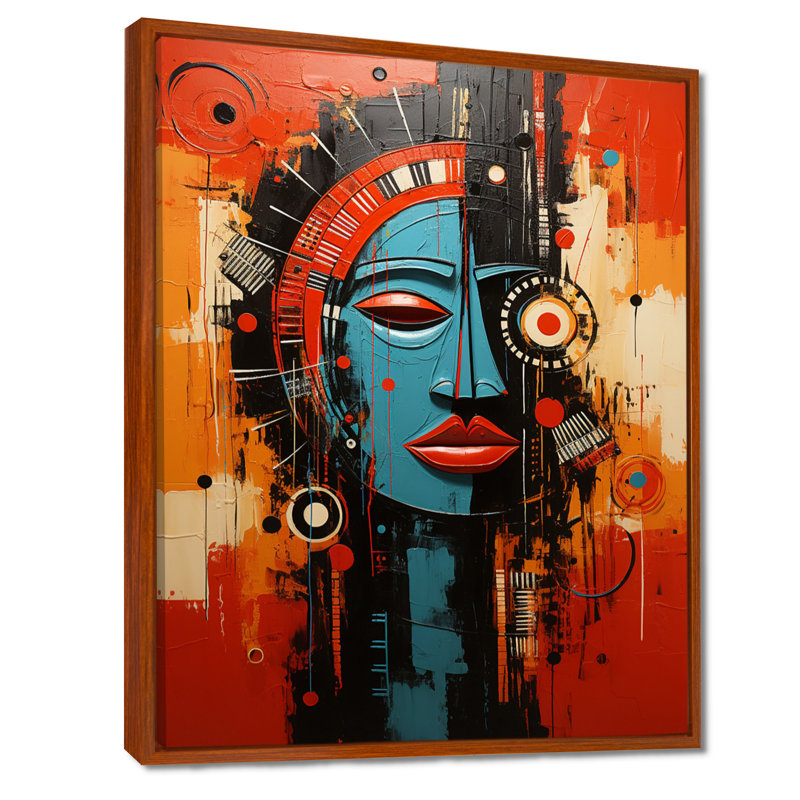 Ancienne beauté minime bleue et rouge - impression d'art mural africain, Cadre flottant brun, H 44 po x l 34 po x P 1,5 po