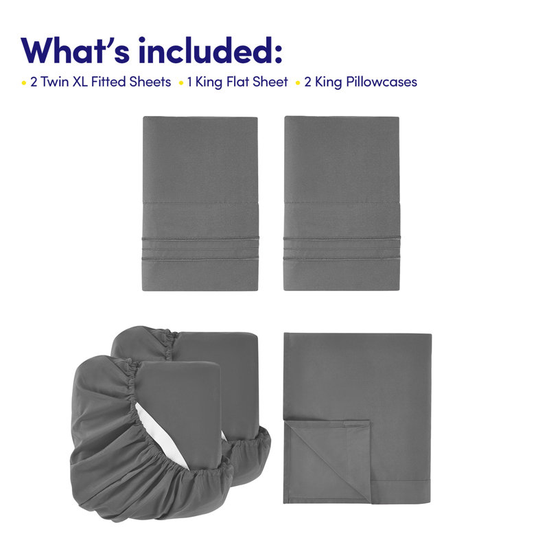 Split & Adjustable King Ultra Soft Double Brushed Microfiber Sheet Sets - Split King, Gray, Gray, Split King