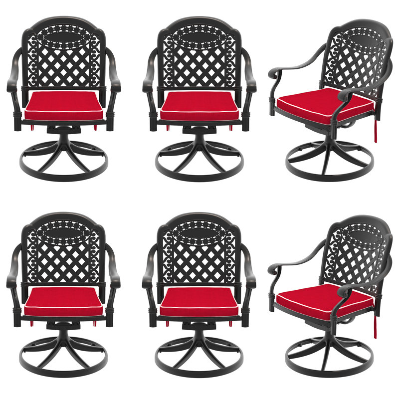 Chaise de patio pivotante en fonte d'aluminium 6 pièces avec structure noire et coussins rouges, Red