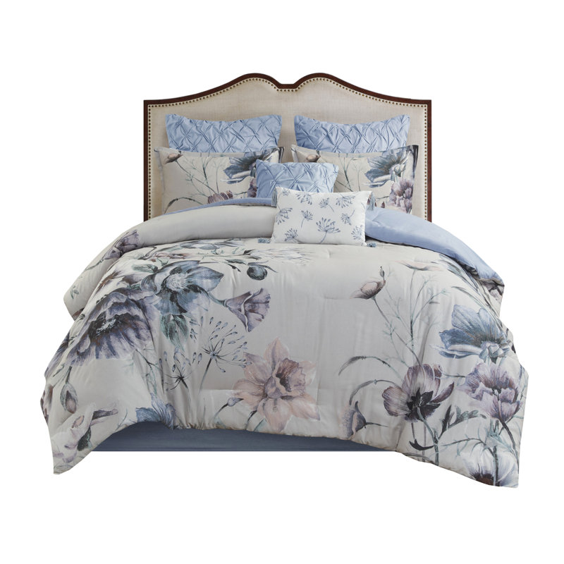 Édredon 8 pièces en coton bleu grand - style Shabby Chic avec détails floraux, comprend 1 édredon, 2 taies décoratives européennes, 3 coussins décoratifs, jupe de lit, articles de literie lavables à la machine