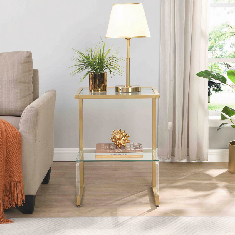 Table d'appoint Golden, table de bout en verre acrylique à 2 niveaux pour le salon et la chambre à coucher