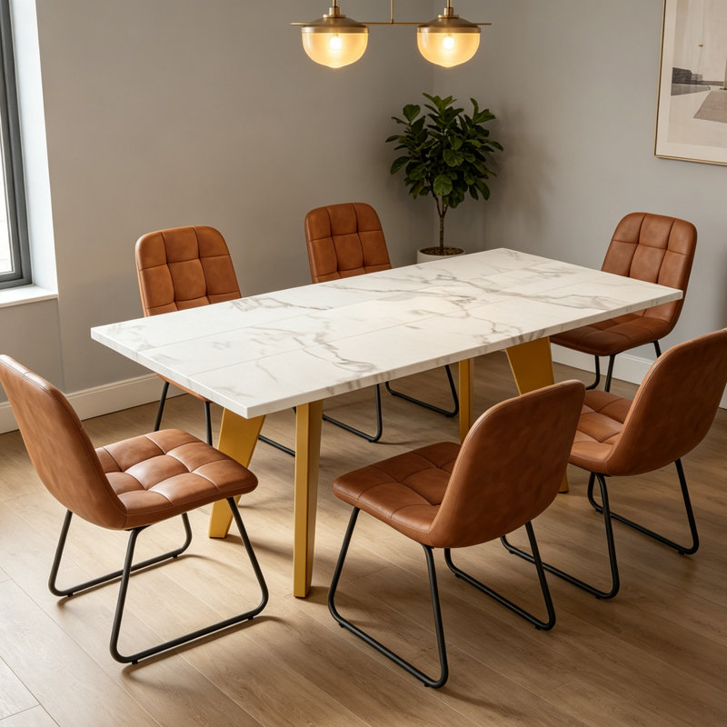 Ensemble de table de salle à manger à tréteaux pour 6 personnes, Brun, 7 pièces : table, 6 chaises