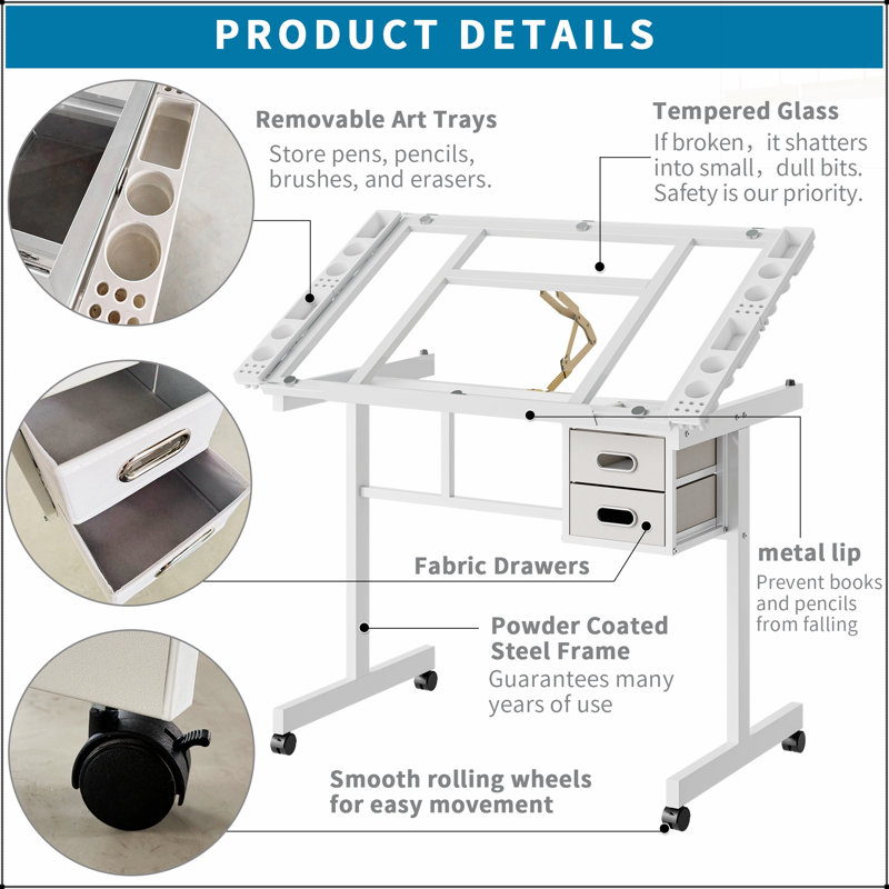 Bureau de dessin d'art réglable avec plateau inclinable, 2 tiroirs en tissu et 4 roulettes pour des espaces de travail créatifs