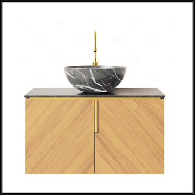 Stylish Floating Bathroom Vanity With Black Sintered Stone Countertop And Ceramic Basin, Brown Oak Woodgrain Finish, Ample Storage Space