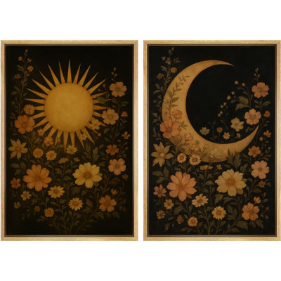Golden Sun And Crescent Moon Floral Celestial Garden Decor Framed Canvas Master Bedroom Wall Art Work 2 Pieces Print Set