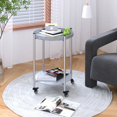 Table d'appoint ronde à 2 niveaux avec roulettes, métal argenté, convient à la chambre à coucher, au salon et à la cuisine, tapis roulants en douceur, espaces intérieurs de conception mobile en métal de construction, plateau amovible facile