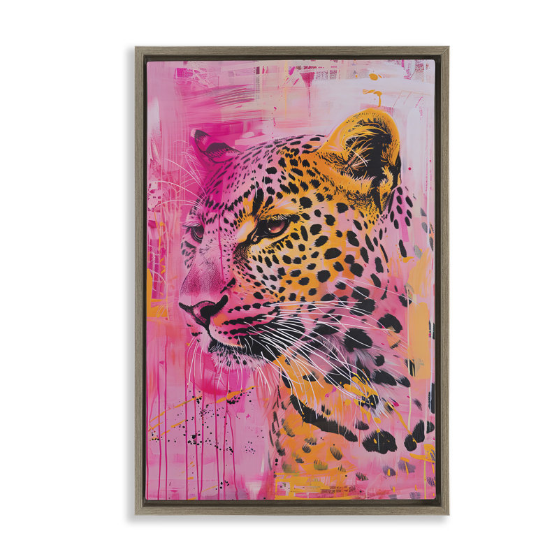 Cadre flottant vibrant guépard mauve et orange, design par LSR Design Studio, H 31 po x l 21 po