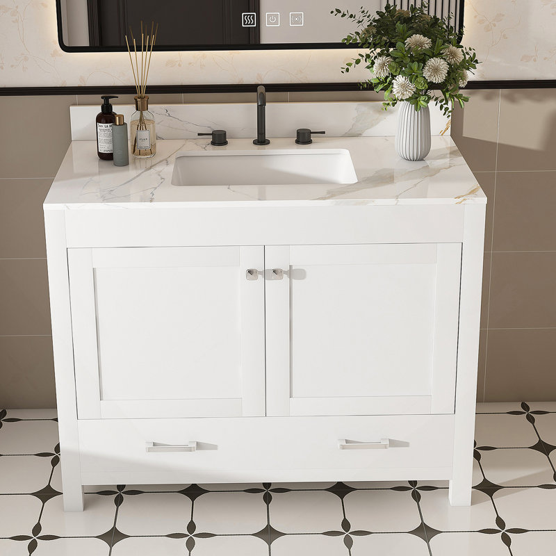 Ensemble de meuble-lavabo moderne de 43 po avec ensemble de couleurs Karalakin en marbre artificiel, armoire de salle de bain multifonctionnelle avec portes et tiroir, cadre solide et panneau de fibres à densité moyenne (trois trous de robinet)