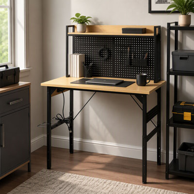 Établi réglable 48 po avec panneau perforé, établi en bois robuste avec roulettes, capacité de charge de 1 600 lb Capacité de charge, établi roulant avec prise CA / USB, crochets, tablette