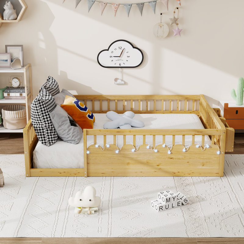 Full Size Floor Bed For Children With High Rails,Light And Storage Shelf, Natural