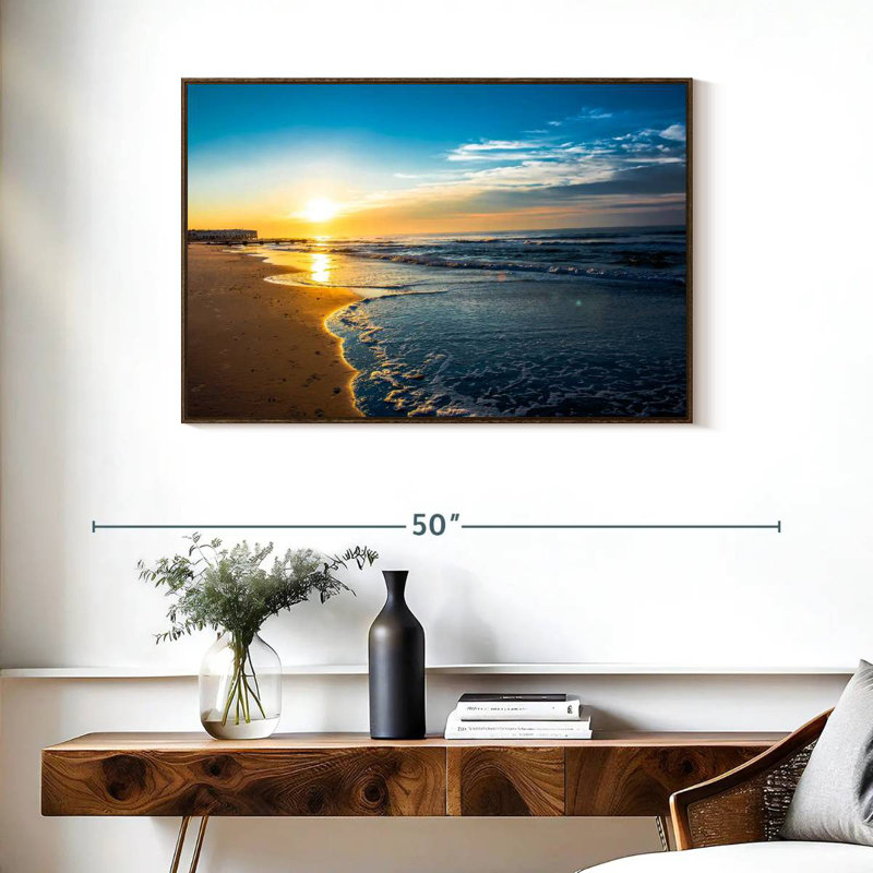 Lever de soleil à Ocean City, 37 po x 25 po, Cadre flottant en noyer