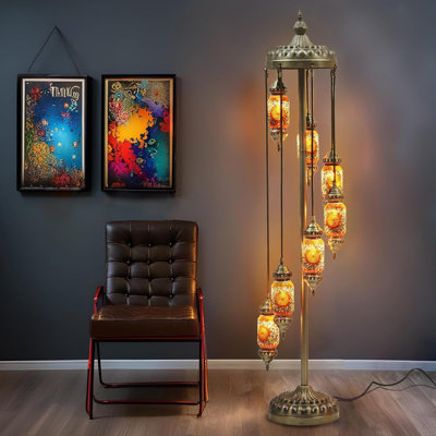 68" Turkish Mosaic Floor Lamp - Handmade Stained Glass Bohemian Floor Light, 7 Shades 8 E12 Bulbs Included, Vintage Ethnic Decor for Living Room, Bedroom