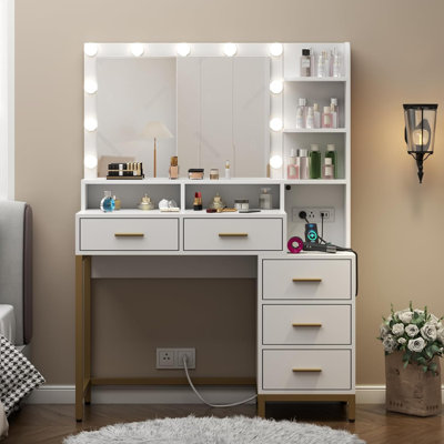 Vanity Desk with Lighted Mirror & Power Outlet, Makeup Table with 5 Drawers, Two Cubby & Shelf, Vanity Dresser with 11 Lights in 3 Lighting Colors for Bathroom, Bedroom,Makeup Room