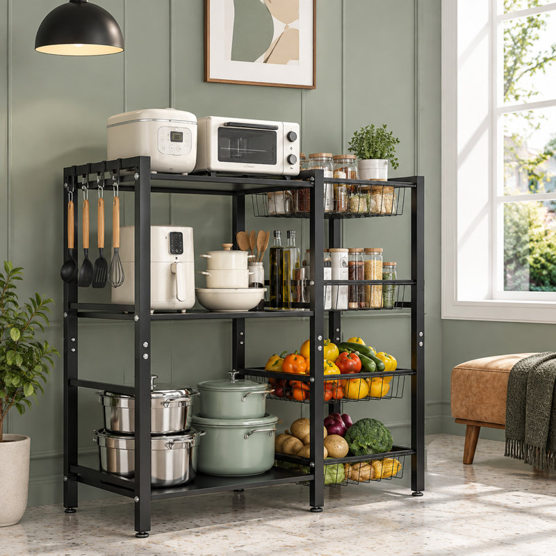 Pour une installation de café ou de friteuse à air, ce support de boulanger de cuisine combine 3 niveaux de rangement avec 4 paniers en maille d'acier.