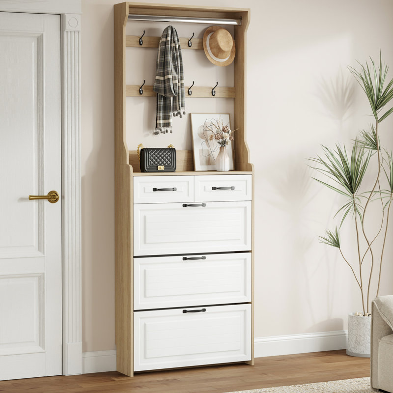 Armoire à chaussures spacieuse avec 3 portes et 2 tiroirs - Gardez vos chaussures suspendues, White/Brown
