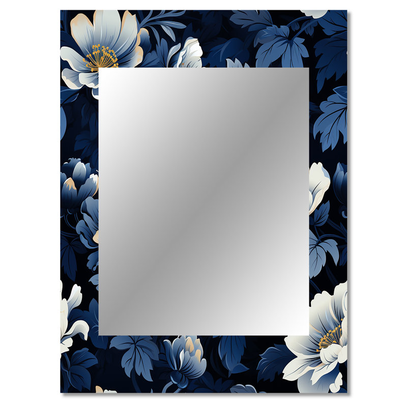 Heflin Nightfall Dark Blue And White  Floral Pattern - Floral Decorative Wall Mirror, Floral Mirror, Printed Metal Art