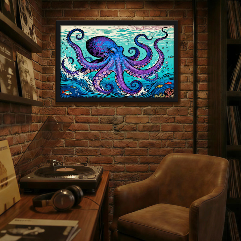 Animals Vibrant Octopus Ocean Waves Colorful Fish Pattern, 20" H x 30" W