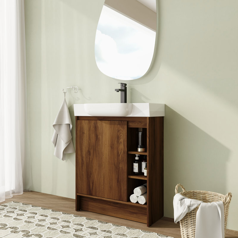 Meuble-lavabo simple autoportant 28 po avec plateau en céramique et portes à fermeture douce 28 po, Brun ébène