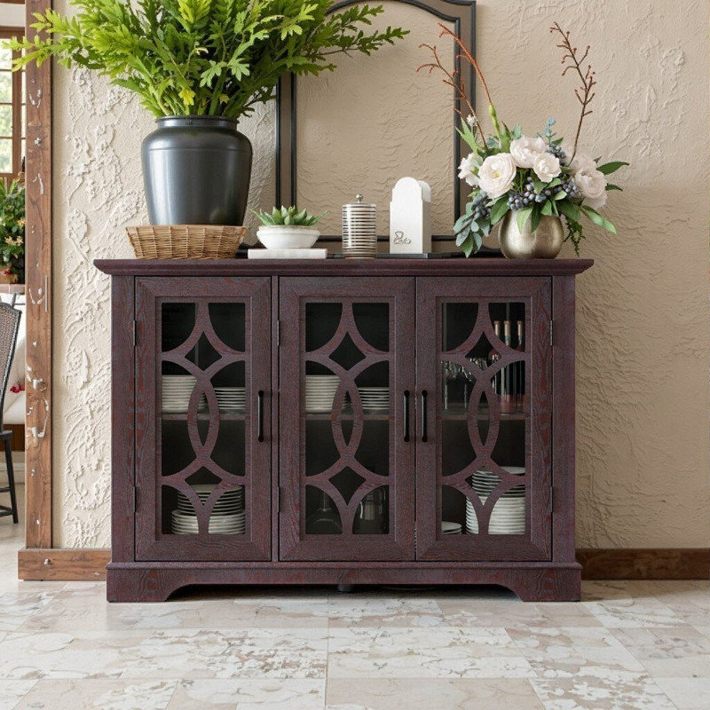 Buffet à 3 portes avec portes en verre trempé, tablettes réglables et dispositifs de sécurité, Rouge sang de bœuf