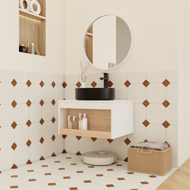 Meuble-lavabo flottant 24 po avec lavabo vasque rond noir mat, meuble-lavabo mural avec rangement ouvert, finition blanche avec comptoir durable, conception moderne peu encombrante (livré dans 2 boîtes)
