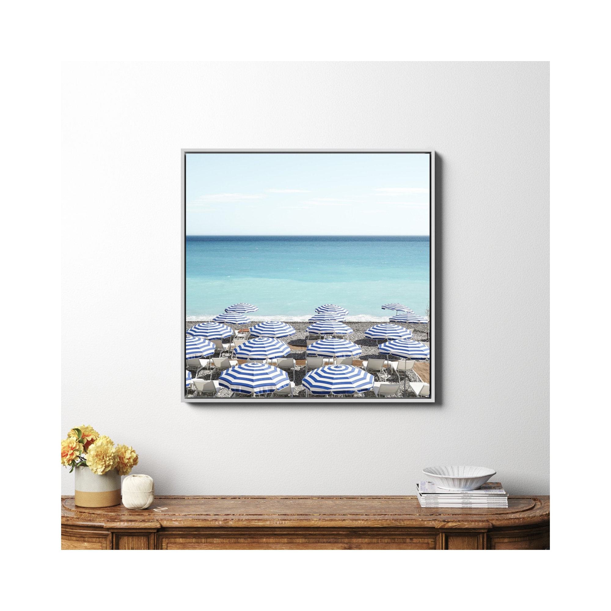 Blue Beach Umbrellas Photo by Henrike Schenk, 36" H x 36" W x 2" D, White Framed Canvas, No