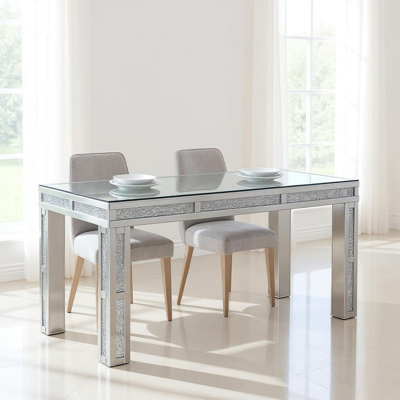 Table de salle à manger 31 "en verre miroir argenté et faux cristal