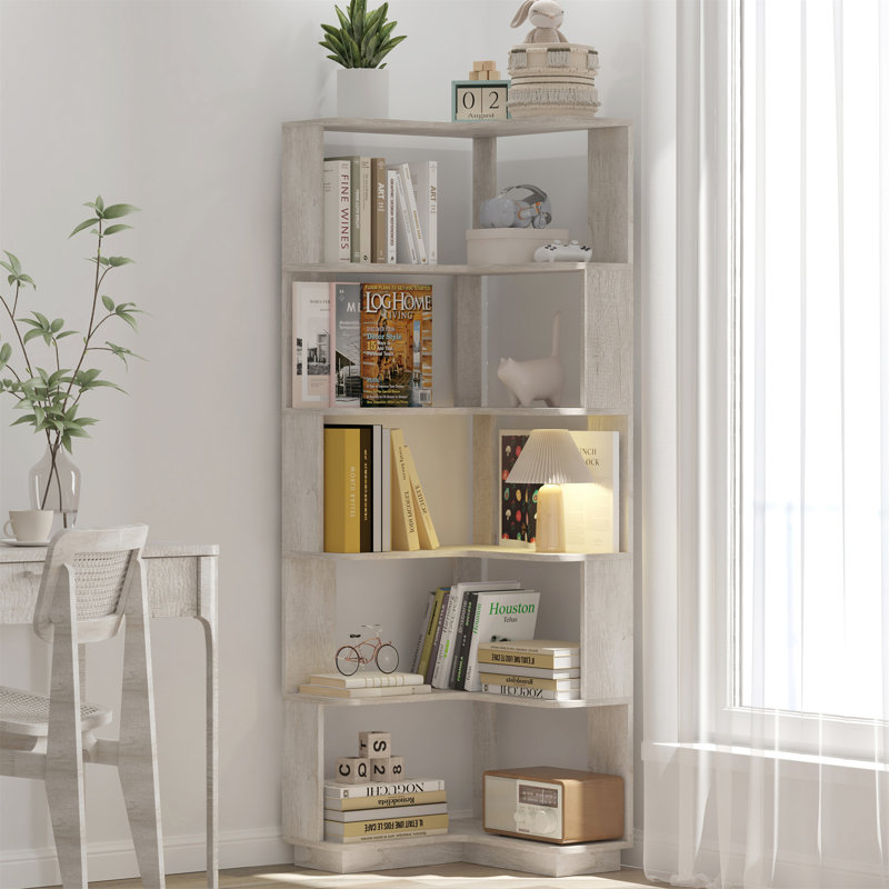 Bibliothèque de coin en L à 6 niveaux pour salon, Gris clair