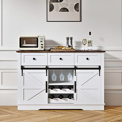 Farmhouse Bar Cabinet With Wine Rack 54" Coffee Cabinet With Sliding Barn Doors, Adjustable Shelves Rustic Kitchen Cabinets With 3 Drawers For Dining