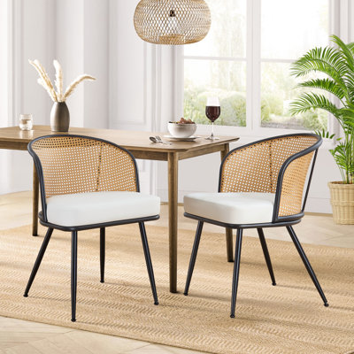 Chaises de salle à manger rembourrées en tissu de polyuréthane 19,3 po H avec dossier canne et structure en métal noir