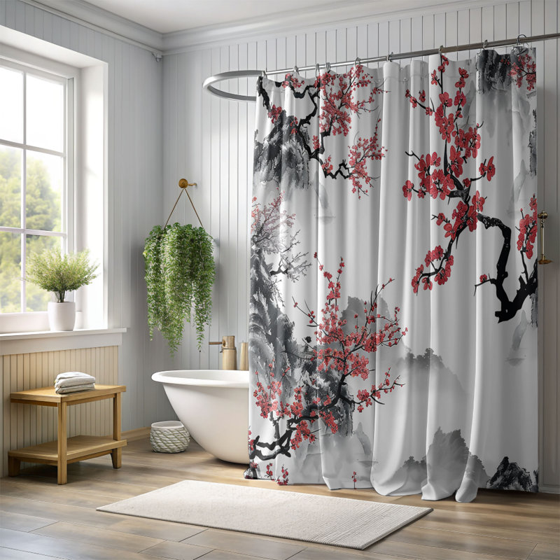 Rideau de douche standard 1 pièce Japanese Crimson Blooms, H 74 po x l 71 po