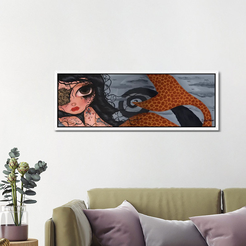 Cleo The Mermaid by Dottie Gleason - Panoramic Painting on Canvas, 121.92 cm H x 40.64 cm W, White Framed