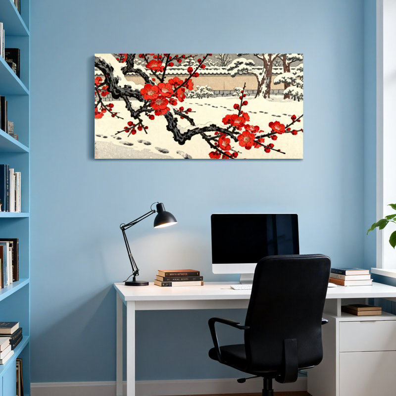 Paysage et nature jardin enneigé avec des fleurs de prunier rouge, H 20 po x l 40 po