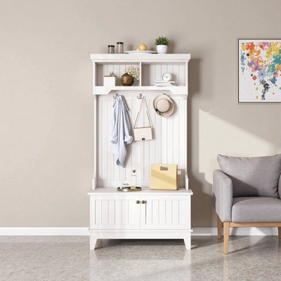 Hall Tree with Storage Shoe Bench for Entryway, 4-in-1 Design Coat Rack with Hooks, White Modern Hallway Organizer