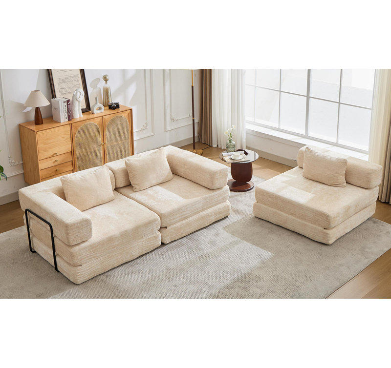 Chenille fabric Compression Sofa,Boneless Modular Sectional 3 Seats Sofa,Convertible Floor Sofa Bed, Beige