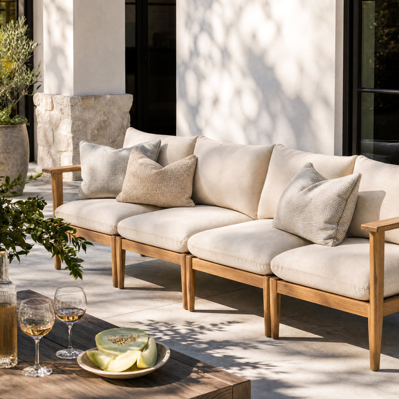 Canapé d'extérieur moderne en bois d'acacia 4 personnes avec coussins pour le jardin, le balcon et la cour Orra