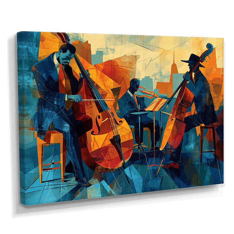 Jazz Silhouettes rétro bleu et brun - art mural musicien, Toile tendue, H 12 po x l 20 po x P 1 po