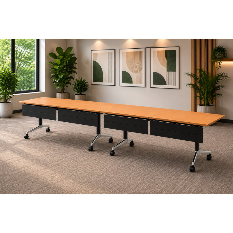 4 tables de formation pliables pour 4 personnes, extra longues pour les colloques et les conférences avec plateau épais, couleur hêtre, pieds pliables et boîtiers électriques intégrés