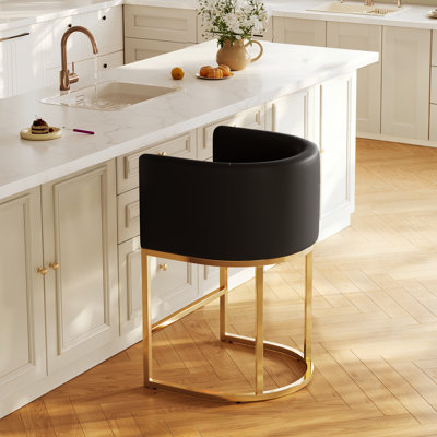 Modern Bar stool,Barrel Counter Height Bar Stools,Black PU Leather with Gold Metal Legs,Set of 2