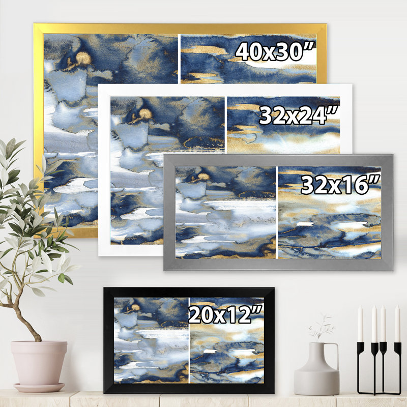 " Dark Blue And Gold Abstract II " Painting Print, Gold Framed Canvas, 30" H x 40" W x 1.5" D
