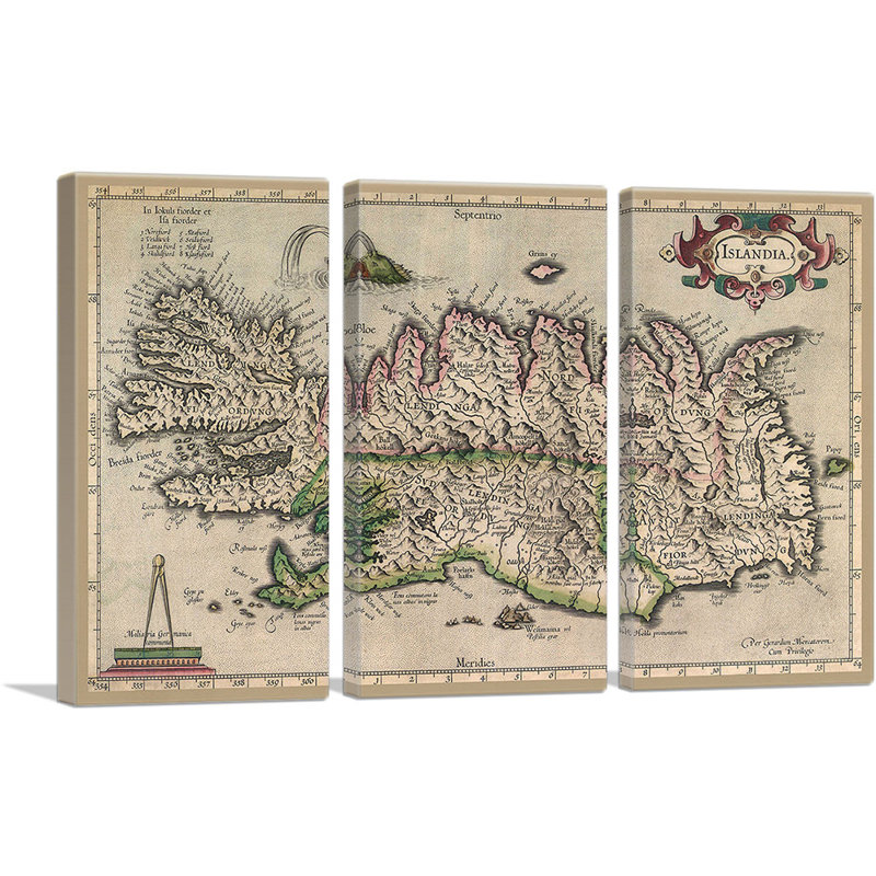 Carte de l'Islande 1595 par Abraham Ortelius - ensemble de 3 impressions sur toile tendue, H 40 po x l 60 po x P 0,75 po