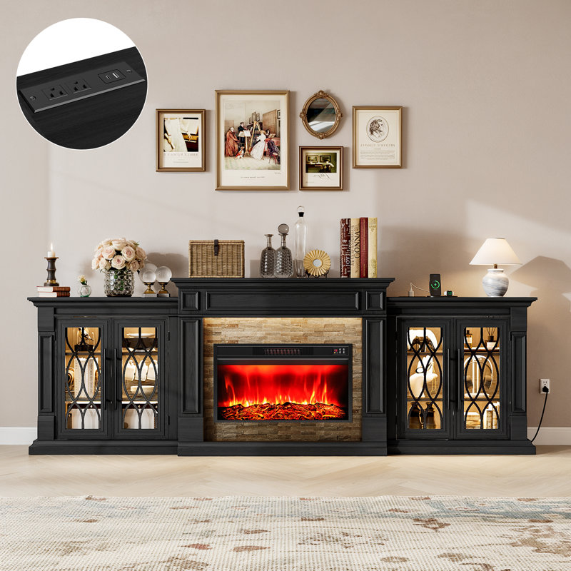  104"w 3 In 1 Farmhouse Fireplace Tv Stand With Large Storage Space,for Living Room,black, Yes, Black/Brown
