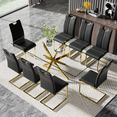 Modern 71in Glass Dining Table Set with Luxury Faux Leather Dining Chairs