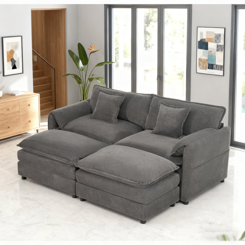 Canapé modulaire à assise profonde avec 2 repose-pieds et coussins moelleux, canapé modulaire pour causeuse pour salon, appartement, bricolage, gris